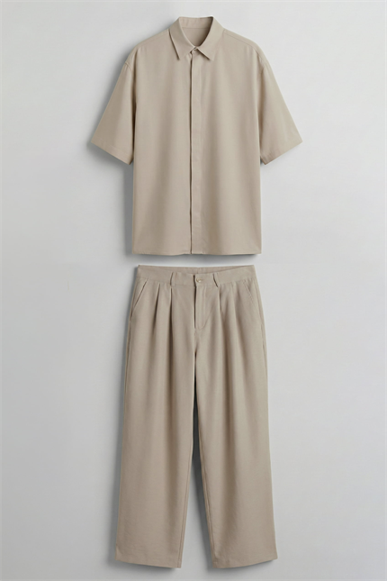 Erkek Oversize Nefes Alan Gömlek Pantolon İkili Takım Bej