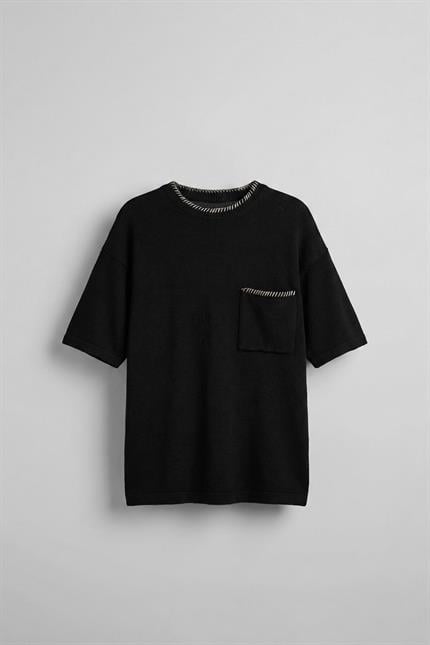 Erkek Oversize Önü Cepli Örme T-Shirt Siyah