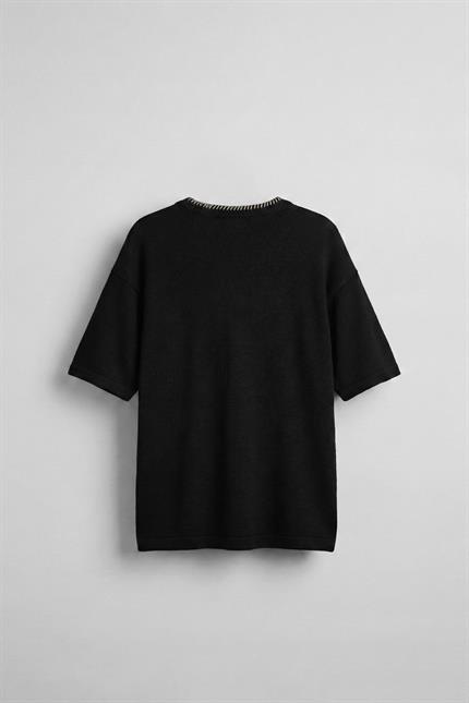 Erkek Oversize Önü Cepli Örme T-Shirt Siyah