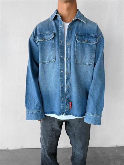 Erkek Oversize Önü Cepli Premium Denim Gömlek Mavi