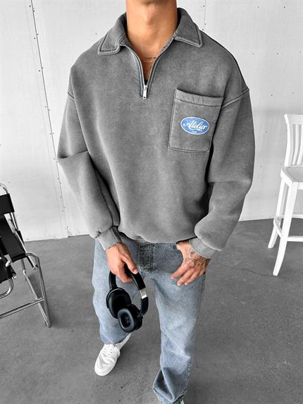 Erkek Oversize Önü Cepli Yarım Fermuarlı Sweatshirt Gri