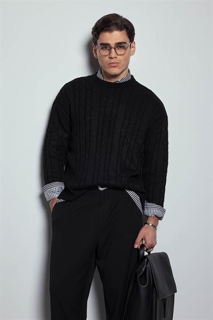 Erkek Oversize Örgü Desenli Triko Kazak Siyah