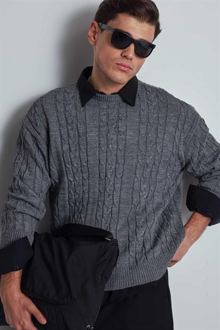 Erkek Oversize Örgü Desenli Triko Kazak Gri