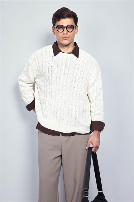 Erkek Oversize Örgü Desenli Triko Kazak Bej