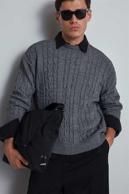 Erkek Oversize Örgü Desenli Triko Kazak Gri