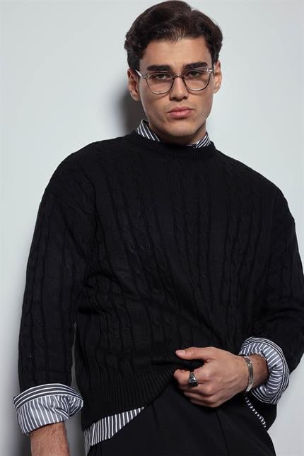 Erkek Oversize Örgü Desenli Triko Kazak Siyah