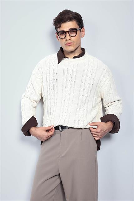 Erkek Oversize Örgü Desenli Triko Kazak Bej