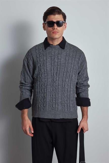 Erkek Oversize Örgü Desenli Triko Kazak Gri