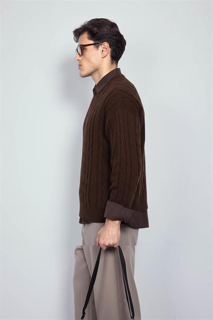 Erkek Relax Fit Örgü Desenli Triko Kazak Kahverengi