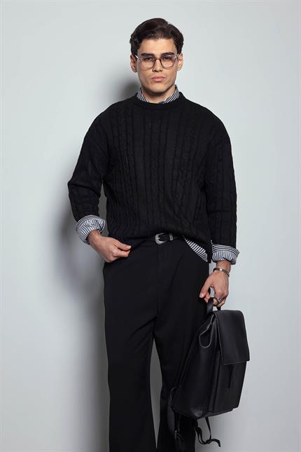 Erkek Oversize Örgü Desenli Triko Kazak Siyah