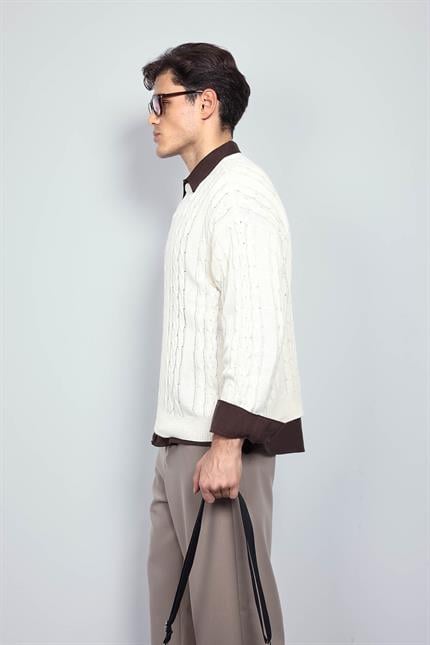 Erkek Oversize Örgü Desenli Triko Kazak Bej