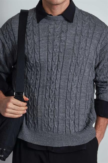 Erkek Oversize Örgü Desenli Triko Kazak Gri