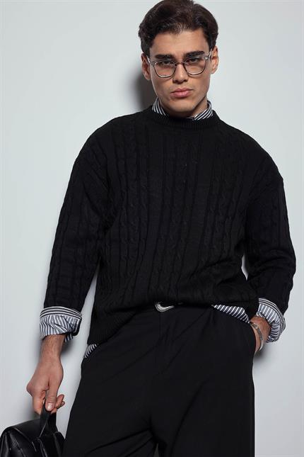 Erkek Oversize Örgü Desenli Triko Kazak Siyah