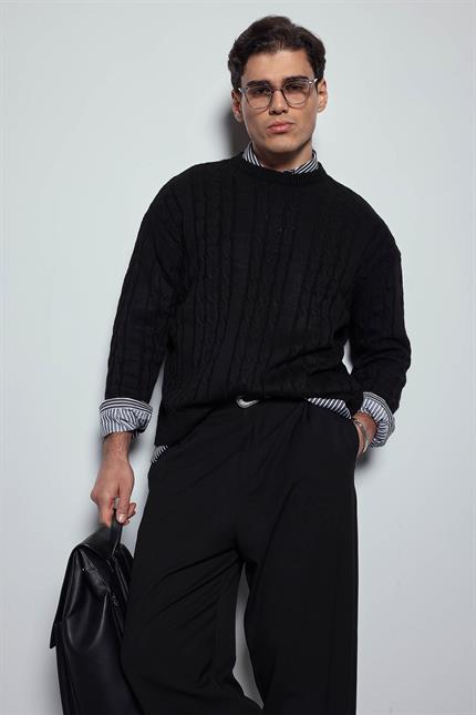 Erkek Oversize Örgü Desenli Triko Kazak Siyah