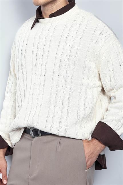 Erkek Oversize Örgü Desenli Triko Kazak Bej