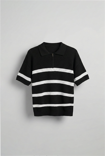 Erkek Oversize Örme Triko Polo Yaka T-Shirt Siyah