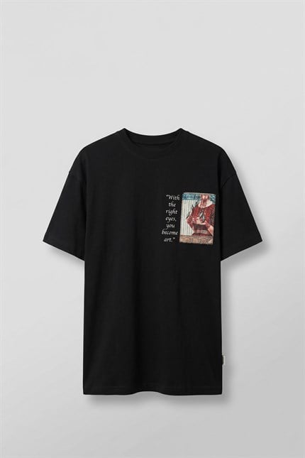 Erkek Oversize Oryantal 3D Sırt Baskılı T-Shirt Siyah