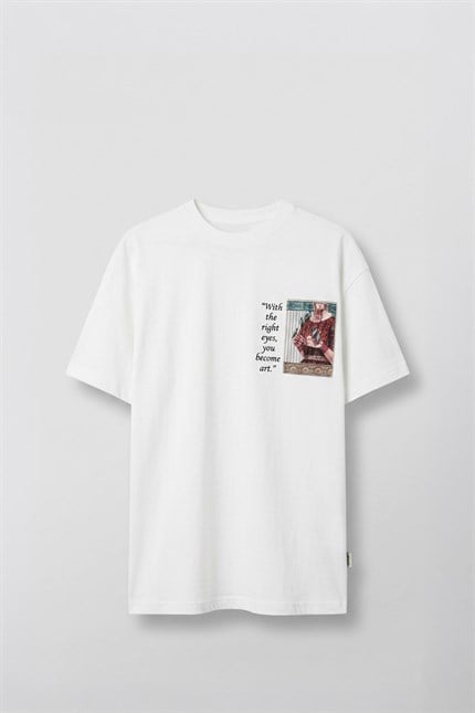 Erkek Oversize Oryantal 3D Sırt Baskılı T-Shirt Beyaz