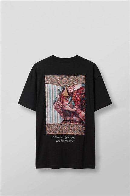 Erkek Oversize Oryantal 3D Sırt Baskılı T-Shirt Siyah
