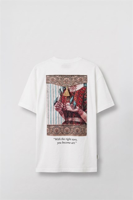 Erkek Oversize Oryantal 3D Sırt Baskılı T-Shirt Beyaz