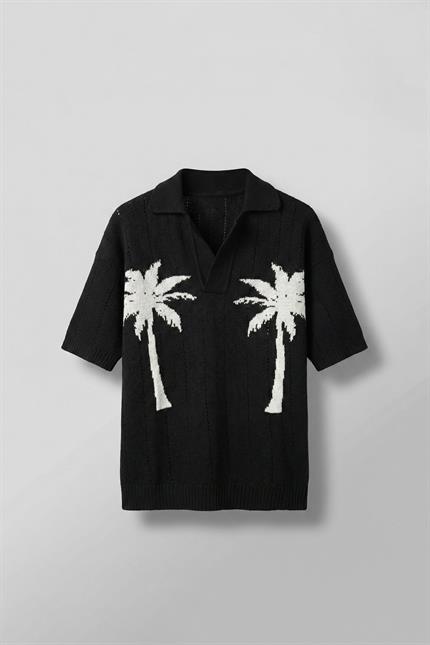 Erkek Oversize Palmiye Desenli Triko T-Shirt Siyah