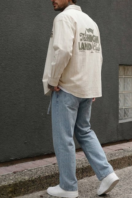 Erkek Oversize Pamuk Çizgili Sırt Baskılı Gömlek Haki