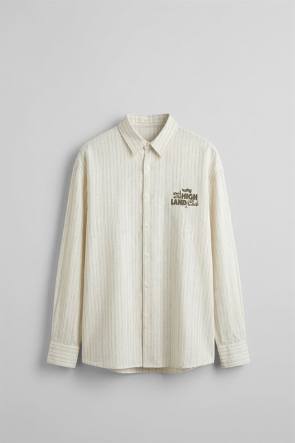 Erkek Oversize Pamuk Çizgili Sırt Baskılı Gömlek Haki