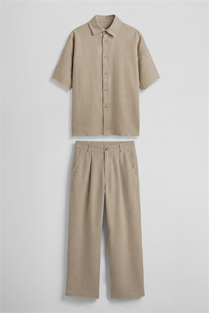 Erkek Oversize Pamuklu Gömlek Pantolon İkili Takım Bej