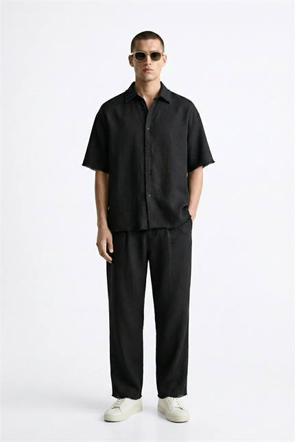 Erkek Oversize Pamuklu Gömlek Pantolon İkili Takım Siyah