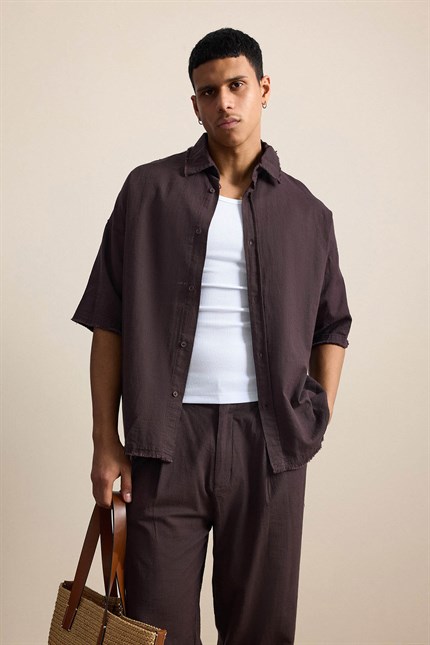 Erkek Oversize Pamuklu Gömlek Pantolon İkili Takım Kahverengi