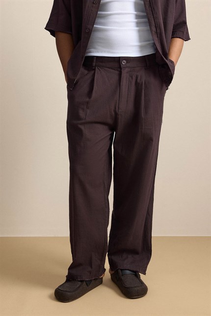 Erkek Oversize Pamuklu Gömlek Pantolon İkili Takım Kahverengi