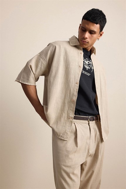 Erkek Oversize Pamuklu Gömlek Pantolon İkili Takım Bej