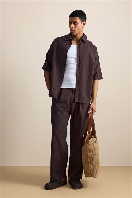 Erkek Oversize Pamuklu Gömlek Pantolon İkili Takım Kahverengi