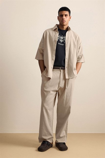 Erkek Oversize Pamuklu Gömlek Pantolon İkili Takım Bej