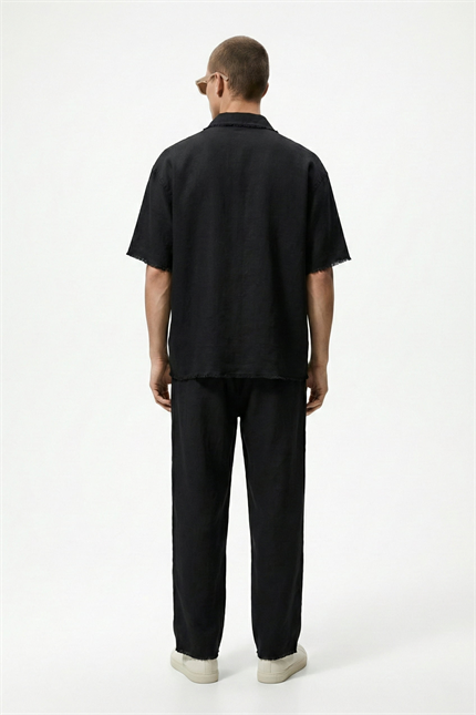 Erkek Oversize Pamuklu Gömlek Pantolon İkili Takım Siyah