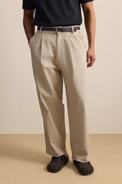 Erkek Oversize Pamuklu Gömlek Pantolon İkili Takım Bej