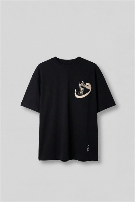 Erkek Oversize Pamuklu Kaligrafi Nakışlı Motif T-Shirt Siyah