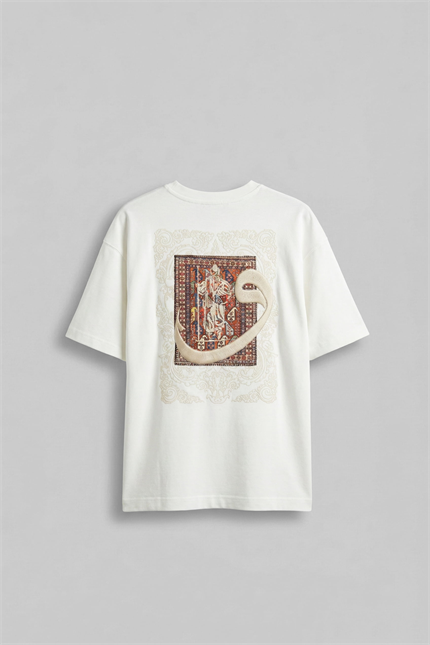Erkek Oversize Pamuklu Kaligrafi Nakışlı Motif T-Shirt Beyaz