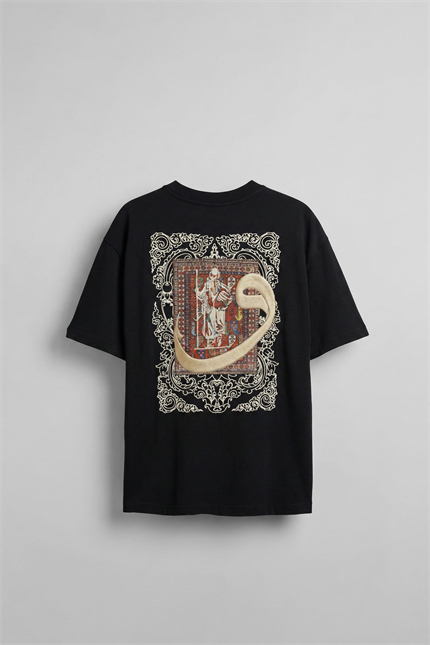 Erkek Oversize Pamuklu Kaligrafi Nakışlı Motif T-Shirt Siyah