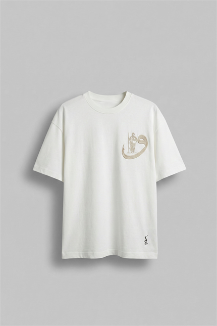 Erkek Oversize Pamuklu Kaligrafi Nakışlı Motif T-Shirt Beyaz