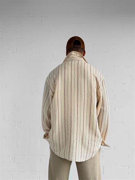 Erkek Oversize Pamuklu Yumuşak Dokulu Çizgili Gömlek Kırmızı Bej