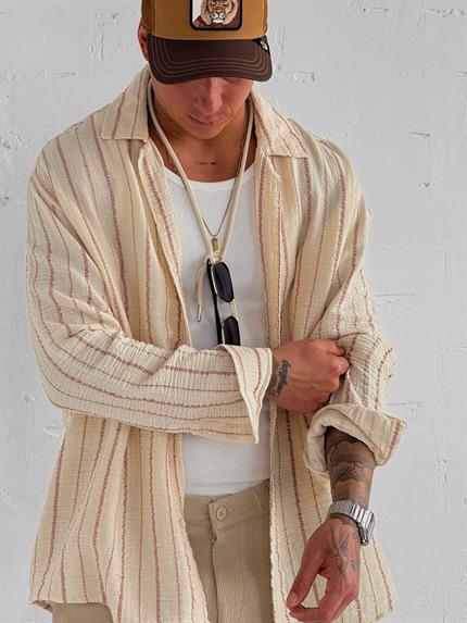 Erkek Oversize Pamuklu Yumuşak Dokulu Çizgili Gömlek Kırmızı Bej