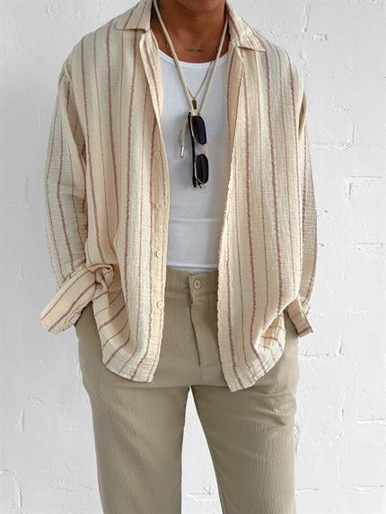 Erkek Oversize Pamuklu Yumuşak Dokulu Çizgili Gömlek Kırmızı Bej