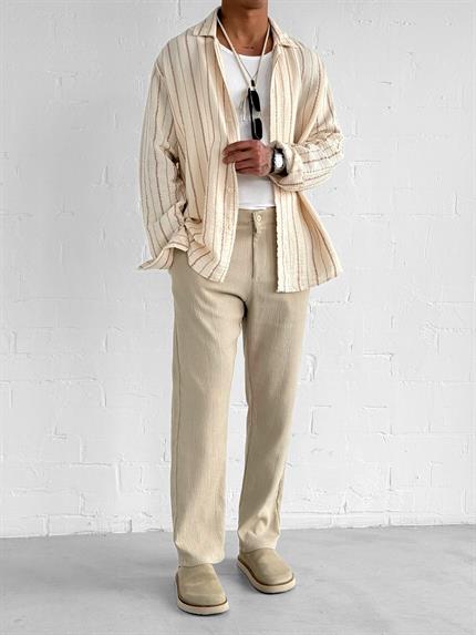 Erkek Oversize Pamuklu Yumuşak Dokulu Çizgili Gömlek Kırmızı Bej