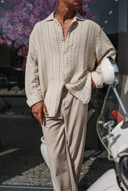 Erkek Oversize Pamuklu Yumuşak Dokulu Çizgili Gömlek Gri Bej