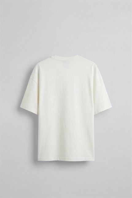 Erkek Oversize Patchwork Nakışlı T-Shirt Ekru