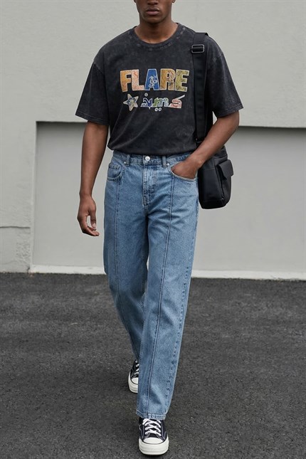 Erkek Oversize Patchwork Nakışlı T-Shirt Siyah