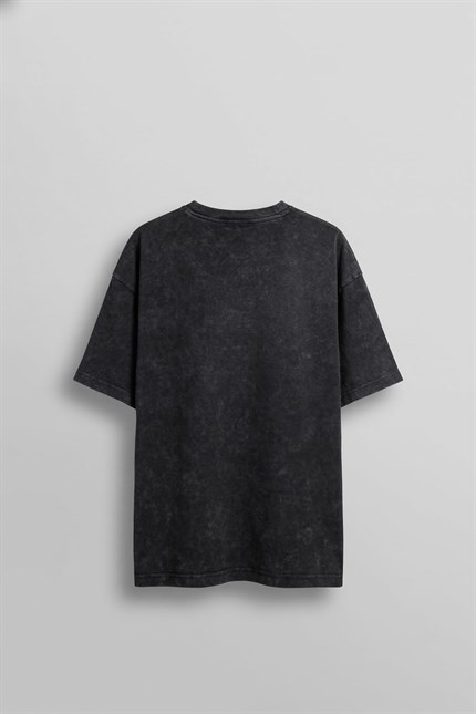 Erkek Oversize Patchwork Nakışlı T-Shirt Siyah