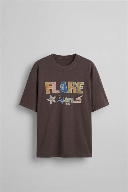 Erkek Oversize Patchwork Nakışlı T-Shirt Kahverengi