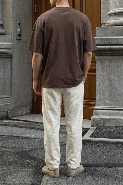 Erkek Oversize Patchwork Nakışlı T-Shirt Kahverengi